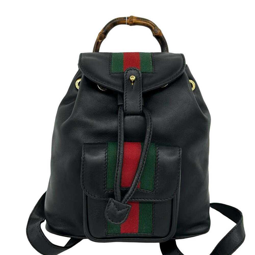 GUCCI Old Gucci Sherry Line Bamboo Leather Backpack Daypack Black 516-1